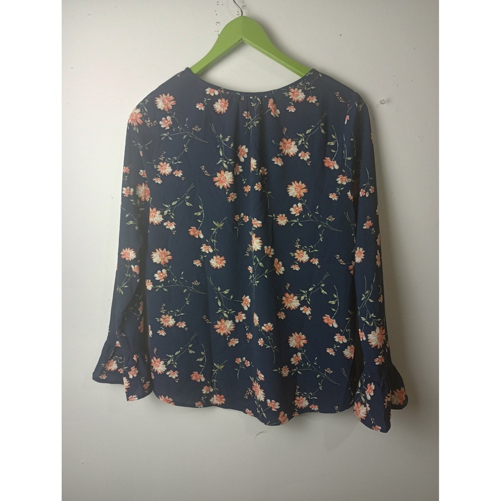 Skies Are Blue Navy Floral Long Sleeve Blouse Cutout Neck Ruffle Cuff M 41724 - Picture 6 of 6